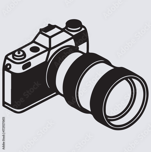 DSLR camera silhouette vector art illustration, digital SLR camera with lens