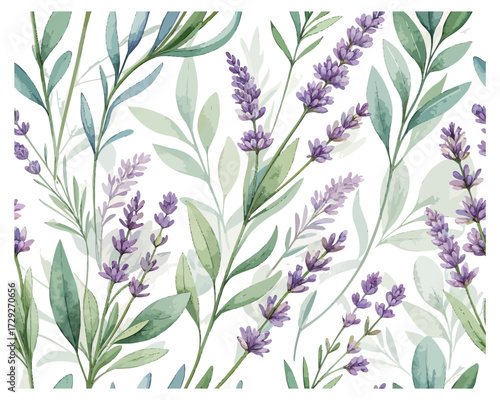 Watercolor Seamless Pattern with Lavender Flowers and Leaves