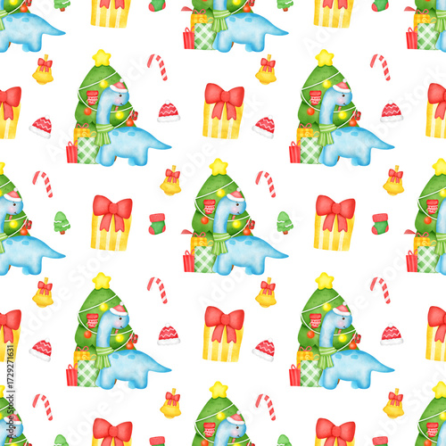 A blue dinosaur is wearing a Santa hat and is holding a Christmas tree