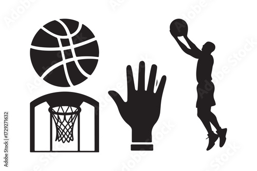 Basketball player silhouette dunking with ball hoop and hand