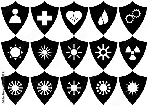 Icon set medical shield icons. Icons include protection from virus, sun, radiation, radioactivity. Black and white vector icon sheet with simple, flat icons. 