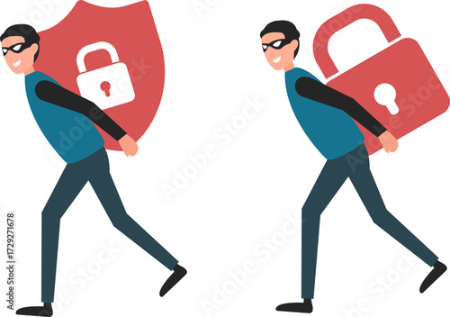 Cybercrime hacker, data theft security breach, online fraud and privacy protection cartoon icon vector
