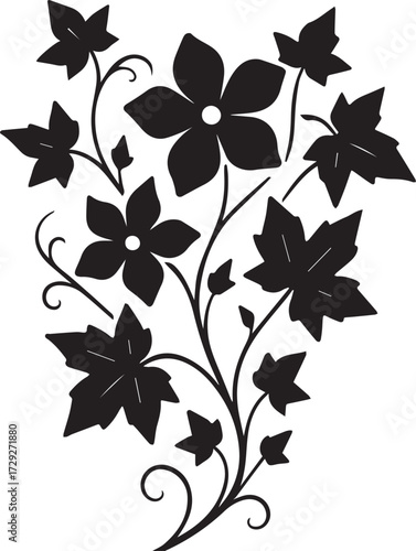 Silhouette of ivy flower, petal leaves of branch vector illustration, ivy flower free printable silhouette design line art vector isolated on white backgrounds