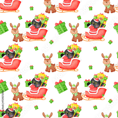 A cat is in a sleigh with a reindeer and presents