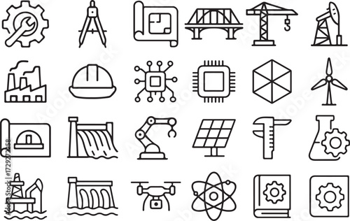 Engineering Line Icon Set Mechanical, Civil, Electrical, Industrial, Chemical, Renewable Energy, CAD and Robotics