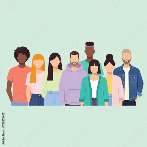 Vector illustration of a diverse collection of people standing sidebyside, showcasing individuality and collective strength