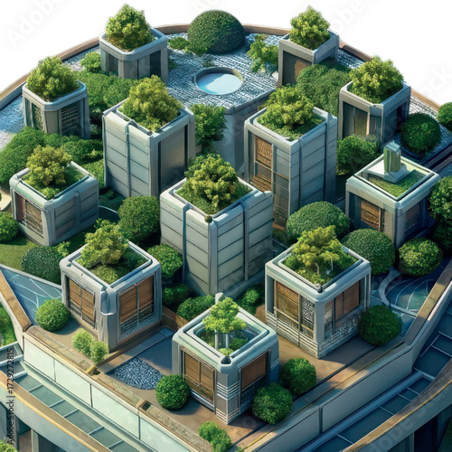 Urban Oasis: An architectural marvel showcasing a sustainable and green urban design with rooftop gardens and eco-friendly elements, blending seamlessly nature with architecture. 