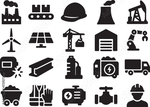 Industrial Glyph Icon Set Factory, Automation, Safety, Construction, Energy, Logistics, Engineering and Manufacturing Solid Symbols