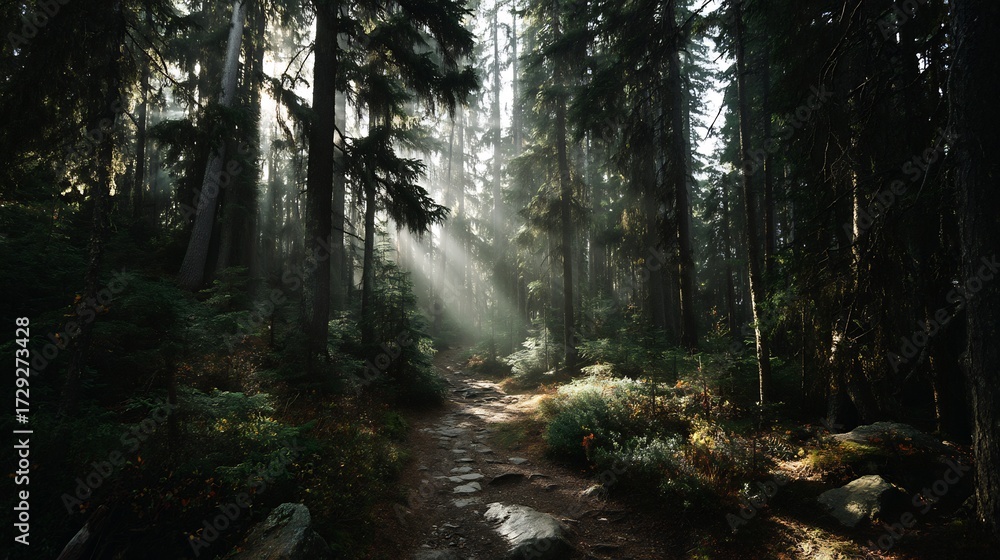 Obraz premium Sunlit Pathway Amidst Towering Trees in a Mystical and Serene Forest Scene