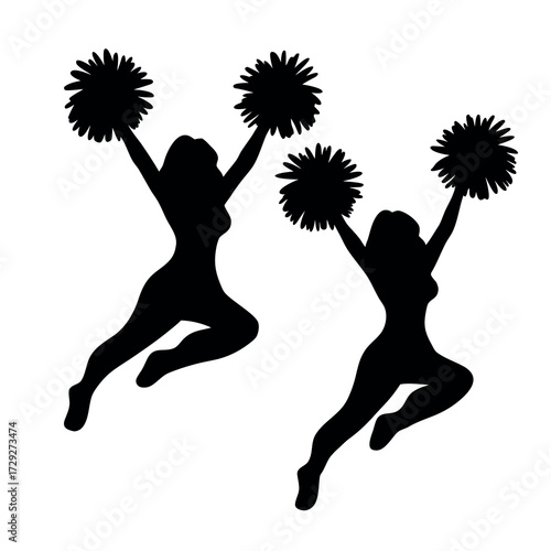 Dynamic silhouette of two cheerleaders performing energetic jumps with pom poms
