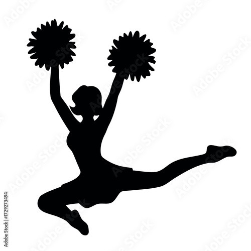 Dynamic silhouette of a cheerleader in mid air performing a leap with pom poms