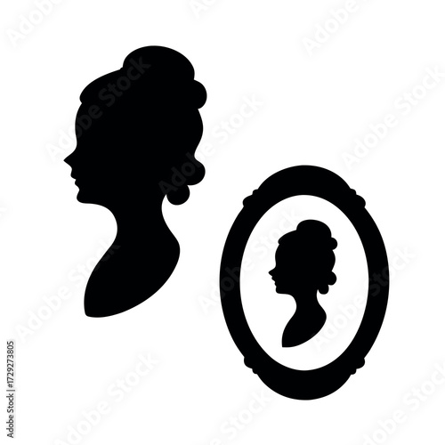 Elegant black silhouette profiles of women in vintage hairstyles and an oval frame