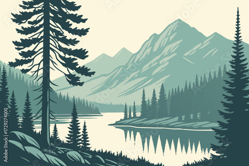 Fish Lake in Utah, high alpine lake with pine forests and mountain ridges along the horizon