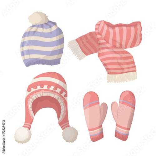 Cute pink hat, striped scarf, mittens. Knitted warm winter clothes. Autumn accessories. Vector illustration isolated on white.