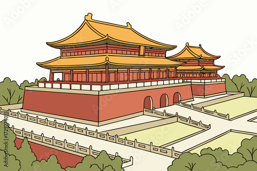 Forbidden City in Beijing, China, vast imperial palace with red walls and golden rooftops