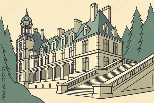 Fontainebleau Palace in France, Renaissance palace with sweeping staircases and forested surroundings