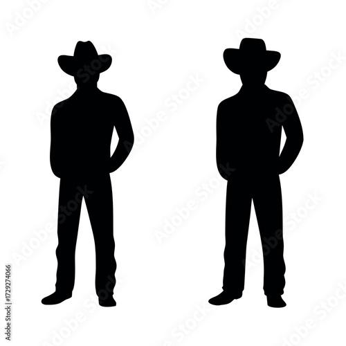 Two silhouette cowboy figures standing side by side against a white background
