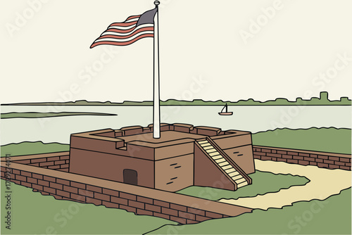 Fort Sumter Monument in Charleston Harbor, South Carolina, brick ruins with American flag flying above