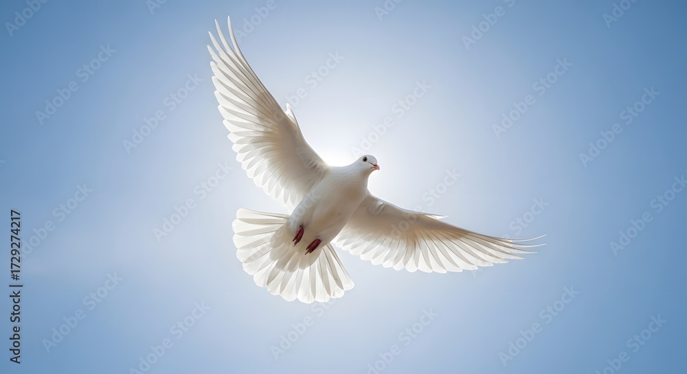Fototapeta premium A white dove flying gracefully across a clear blue sky, sunlight highlighting its wings as a universal symbol of peace