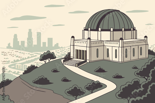 Griffith Observatory in Los Angeles, hilltop deck with Hollywood Sign and city skyline below