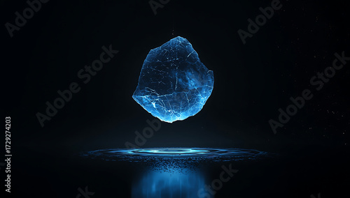 Glowing blue ice shard levitating above a rippling water surface with dark background graphic design