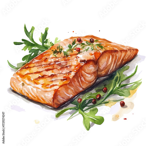 Grilled Salmon, watercolor vector, isolated on a white background.
