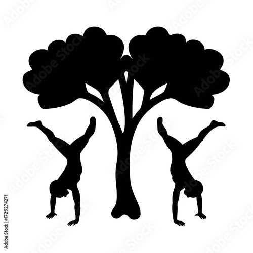 Two acrobatic figures performing handstands symmetrically beneath a stylized silhouette of a tree