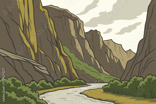 Gunnison River in Colorado, carving through Black Canyon with dramatic steep cliffs on either side