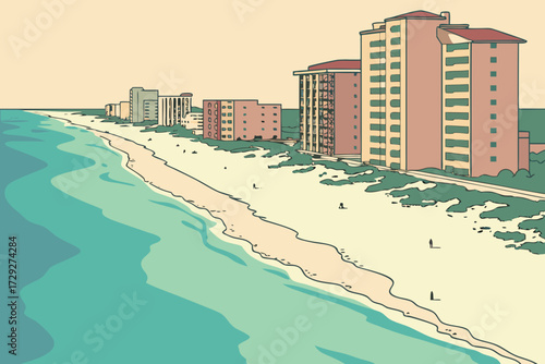 Gulf Shores Beach in Alabama, wide sandy shoreline with pastel condos and turquoise surf