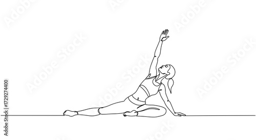 Woman practicing yoga pose reaching arm upward in minimal line art  