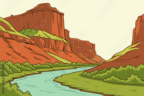 Green River in Utah, winding through canyons with red rock cliffs and desert mesas under bright skies