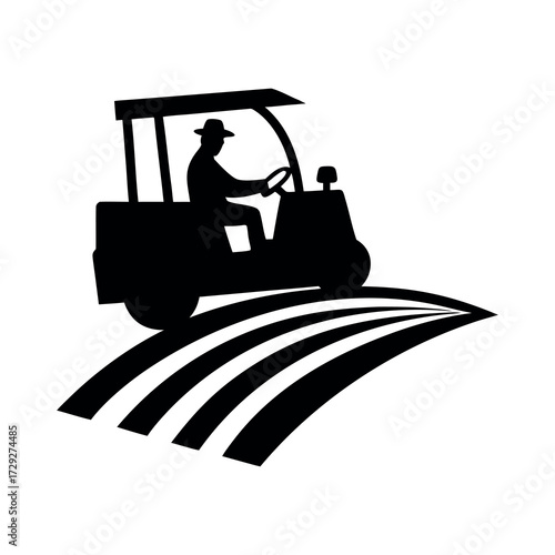 Silhouette of a farmer driving a golf cart across a field with curved lines