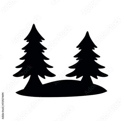 Simple black silhouette of two evergreen trees on a small mound of earth