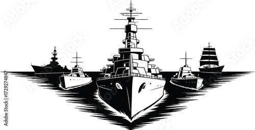 Warship silhouettes, battleship illustration, aircraft carrier, sailing ship, naval fleet formation, maritime military, ocean vessels, navy design, sea transport, defense