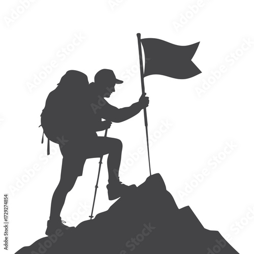 Silhouette of Hiker with Flag on Mountain Peak Symbol of Success and Achievement Motivation