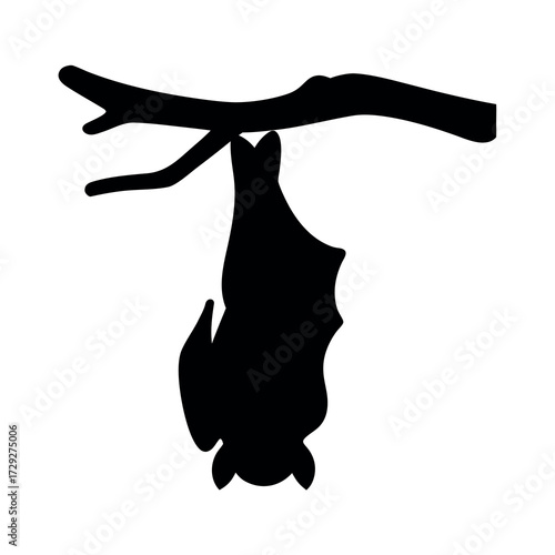 Silhouette of a bat hanging upside down from a tree branch against a white background