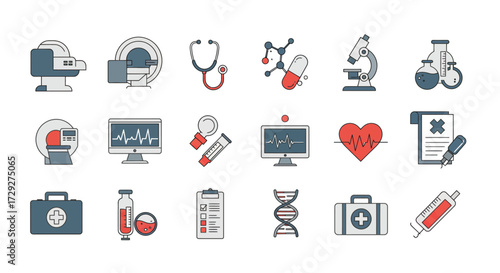 A clear flat design illustration presenting a collection of icons symbolizing medical technology and advancements in healthcare.