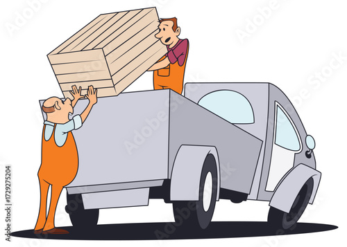 Men load boxes into car.