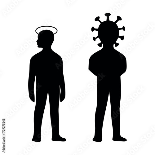 Silhouette of a haloed figure and a figure with a virus crown symbolizing good versus evil