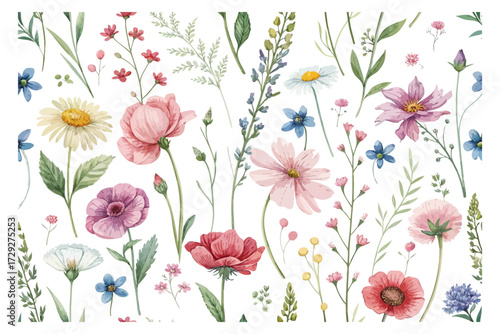 Watercolor Seamless Floral Pattern with Wild Garden Flowers