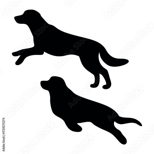 Two black silhouettes of golden retrievers in motion against a white background