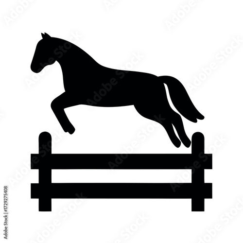 Silhouette of a powerful horse leaping gracefully over a black fence during a show jumping event