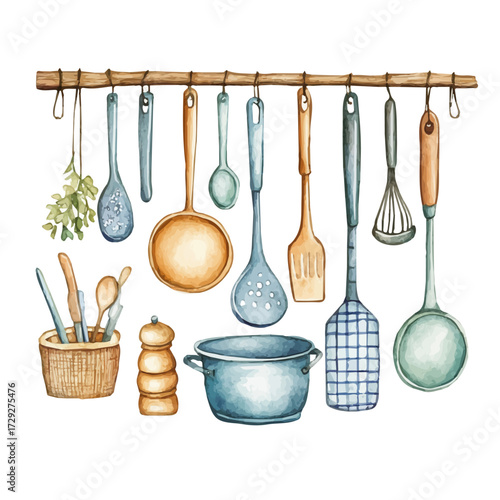 Hanging Kitchen Utensils And Cookware, watercolor painting vector, isolated on a white background.