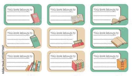 This book belongs to. Notebook labels with books icons, colorful design, school book labels template. Set bright name stickers for notebook. Back to school labels