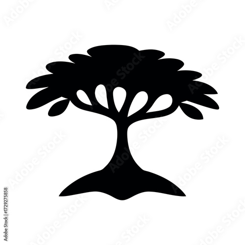 Stylized silhouette of a broad leafed tree with a thick trunk and visible roots