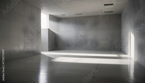 Modern minimalist concrete interior with natural light and shadows