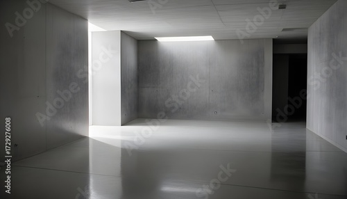 Modern minimalist interior with concrete walls and natural light.