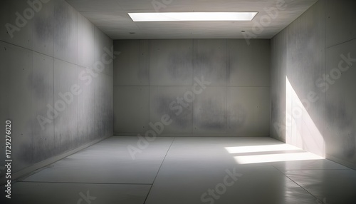 Minimalist concrete room bathed in natural light, creating a serene atmosphere.
