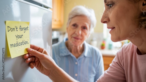 Caregiver placing medication reminder note for elderly woman with Alzheimer’s disease
