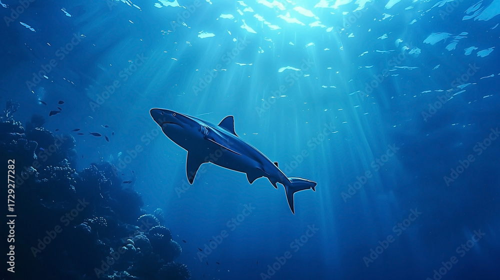 Fototapeta premium Majestic shark swimming gracefully in the deep blue ocean water beneath sun rays